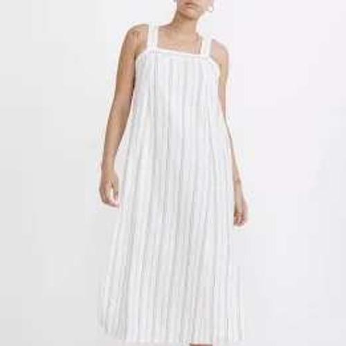 Madewell Striped Linen Blend Button Strap Midi Dress White Blue Tan Large